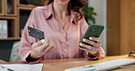 Woman, hands and credit card with phone in office for online shopping, payment or purchase. Female person, employee or shopper with smartphone or debit for buying, ecommerce app or order in workplace