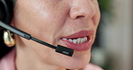 Consultant, mouth and happy woman with headset in office for customer service or communication. Closeup, female person or agent with smile or mic for virtual assistance, help or support in workplace