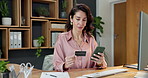 Business, phone or happy woman with credit card in office for online shopping, payment or purchase. Female person, employee or shopper with smartphone or debit for ecommerce app or order in workplace