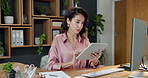 Business, woman and reading in office with tablet, research and check grammar for story update. Thinking, mature person or document in newsroom with tech, review article and comparison of manuscript 