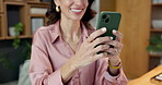 Hands, business and woman in office with phone, research and check grammar for story update. Smile, mature person and reading in newsroom with mobile, email source and review article for copywriting