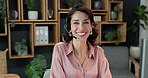 Face, smile and woman at call center with headset, career pride and about us for customer service. Portrait, mature agent and happy in office with mic, virtual assistant and advisory for crm support
