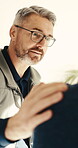 Consulting, healthcare and physiotherapist man in office with hand on shoulder of patient. Accident, comfort and medical advice of chiropractor talking to client in clinic for healing or therapy