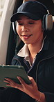 Tablet, delivery van or woman with headphones for music, streaming radio or distribution for order. Tech, courier or happy person with audio in transport, dance or scroll email for logistics dispatch