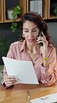 Woman, paperwork and phone call in office for insurance, business offer and contract update. Mature agent, communication and technology in firm with document, coverage agreement and financial advice