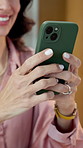 Texting, contact and hands in office with phone, agenda change and online networking on project. Typing, woman and mature employee with tech, schedule update and digital communication on report.