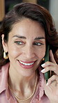Business, smile and woman in office with phone call, funding review and budget pitch with chat. Happy, talking and mature finance advisor with tech, networking or investment proposal in communication