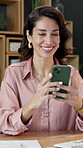 Texting, smile and woman in office with phone, agenda change and online networking on project. Happy, typing and mature employee with technology, schedule update and digital communication on report.