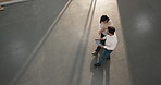 Walking, tablet screen and business people with chart for finance planning, accounting and advice. Above, space and technology with statistics for revenue, warehouse cost and discussion at workplace