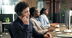 Man, computer and headset in call center for insurance, telemarketing or explain offer in sales. Agent, coworking and tech in agency for friendly communication, policy advice or list coverage options