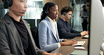 Woman, computer and headset in call center for insurance, telemarketing and typing info for sales. Agent, coworking and tech in agency for communication, policy advice and explain coverage options