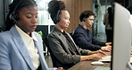 Woman, computer and headset in call center for sales, telemarketing or typing info for insurance. Agent, coworking or technology in agency for communication, policy advice or explain coverage options