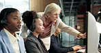 Call center, manager and help for training with computer, crm system guidance or support. Women, mentoring and assistance with tech for customer service, teaching intern and telecom supervision