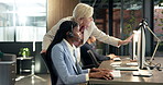 Call center, manager and help for coaching with computer, crm system guidance or support. Women, mentoring and assistance with tech for customer service, teaching intern and telecom supervision