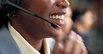 Headset, talking and mouth of businesswoman in office with call center, crm or voip system for advisory. Mic, contact and technical support consultant in workplace with customer service or help desk.