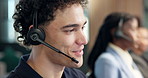 Headset, man and technical support consultant in office with crm, voip system or online consultation. Mic, talking and call center agent in workplace with customer service, help desk or contact us.