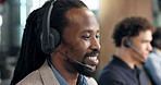 Headset, happy and businessman in office with call center, crm or voip system for online consultation. Mic, smile and technical support consultant in workplace with customer service or help desk.