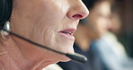 Headset, woman and mouth of call center agent in office with crm, voip system or online consultation. Mic, talk and technical support consultant at agency with customer service, help desk or contact.