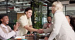 Handshake, applause and business people in office with contract, agreement or finance negotiation. Clapping, discussion and financial advisor shaking hands with investor for investment deal at agency