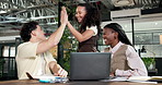 Laptop, business and high five with team in office for group project, winning or success together. People, employees or colleagues with smile on computer for achievement or good news in workplace