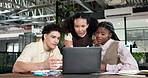 Laptop, business and discussion with team in office for group project, advice or assistance. Creative, employees or colleagues talking with computer for collaboration, strategy or ideas in workplace