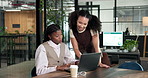 Manager, woman and laptop in office for advice on expense tracking, budget variance or tax portal. Accountant, mentor and happy on tech for accounting software, explain payroll info or revenue report