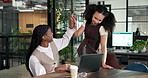 High five, laptop and business women in office with positive feedback on creative project. Happy, computer and editor team with celebration for article approval with review at startup workplace.