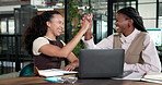High five, discussion and business women with laptop in office with feedback on creative project. Happy, technology and editor team with celebration for article approval with review at startup agency
