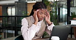 Pain, headache and woman with laptop in office for accounting pressure, tax fatigue and mistake. Computer, accountant or black person with migraine for budget stress, financial shortage or burnout