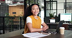 Creative, face or woman in office with laptop, brand specialist or about us in business growth. Happy, portrait or advertisement advisor with tech, campaign expert or confidence in marketing career.