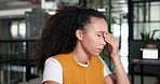 Creative, stress and woman with headache in office, startup fail and deadline mistake in business. Person, burnout and migraine in workplace with workload pressure, mental fatigue and exhausted
