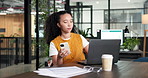Business, woman and phone in office with laptop, research and finance analysis for accounting. Person, mobile or comparison in workplace with pc, financial report and compliance for revenue analytics