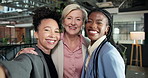 Face, people and business women with selfie for photography or capture moment together in office. Portrait, happy or female people with smile for picture, memory or social media post in workplace