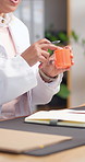 Woman, doctor and hands with book for medication prescription, diagnosis or dosage in clinic. Female person, healthcare worker or writing with notebook, list or pills for pharmaceutical instructions