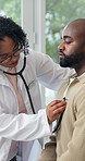 Woman, doctor or listening with patient heart beat in clinic for cardiology exam or medical checkup. Female person, healthcare worker or monitoring breathing with stethoscope for health consultation