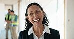 Laugh, construction and face with woman on site for building, inspection or expansion. Architect, infrastructure engineer and project with mature contractor for property developer and renovation
