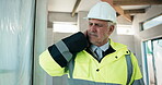 Stress, neck pain and engineer with man on construction site for project delay, contractor and burnout. Building inspection fatigue, renovation risk and muscle strain with mature person for injury