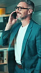 Phone call, night or man talking in workplace, financial analysis or data feedback for stock price. Smile, mature person or analyst with mobile at glass office, investment or market trends in evening
