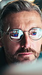 Glasses, computer and graph with business man in office for research deadline, audit application or night. Planning, finance chart and overtime with mature person in agency for account data on budget