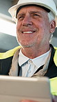 Thinking, smile and construction worker with tablet on site outdoor for email update on building. Technology, man and mature civil engineer with ideas on property development or repairs from below.