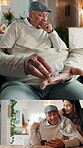 Retirement, man and hands with montage in home, cough or sick with pills for health, comfort or blanket. Daughter, senior dad and phone with smile, support or healthcare with chest medicine in series