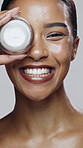 Moisturizer, beauty and face of woman in studio with skincare, cosmetics or facial glow routine. Wellness, health and portrait of person with dermatology for lotion or spf by white background.