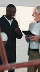 Business, people and happy with tablet for construction progress, site visit or compliance audit. Team, engineer and stakeholder with tech for renovation timeline, project update or quality assurance