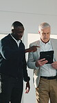 Building, inspection and men with tablet, discussion and planning for property development or design. Real estate, project manager and people with technology, safety check and architecture evaluation