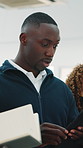 Team, tablet or discussion with man in office for interior design proposal, suggestion or briefing. Tech, talk or collaboration with designer people for project plan, brainstorming layout or notebook