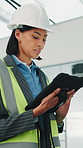 Engineer, development and serious woman with tablet at site for quality assurance planning. Female person, construction and tech for inspection report, track progress or problem solving in building