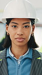 Construction, face or supervisor on site with pride, contractor or about us in building renovation. Serious, woman and engineer lead with hardhat, developer and confidence in remodeling industry.