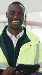 Face, happy man and construction engineer with tablet in building for quality assurance checklist. Black person, development and tech for architecture, engineering or about us with smile at site