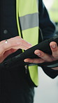 Engineer, maintenance and hands with tablet at site for quality control with renovation schedule. Person, development and tech for construction app, architecture or scroll with building design info