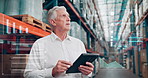 Hologram, tablet and thinking with man in storage warehouse for innovation or inventory management. App, dashboard and digital technology with mature employee in factory for logistics planning